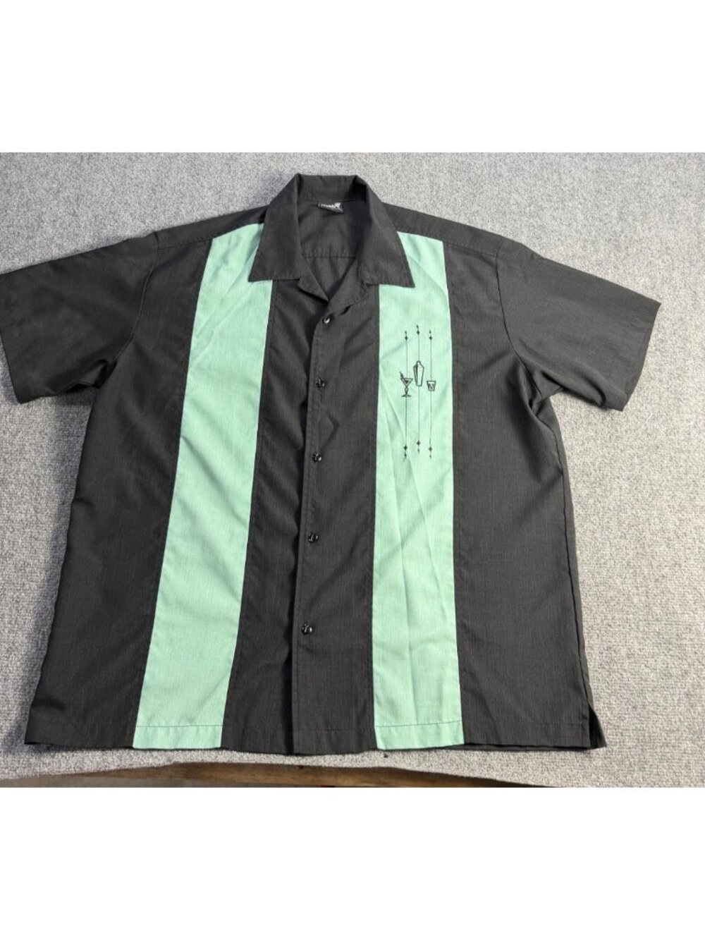 Steady Last Call Mens Button-Up Retro Bowling Shirt 2X Black & Mint Green Polyes